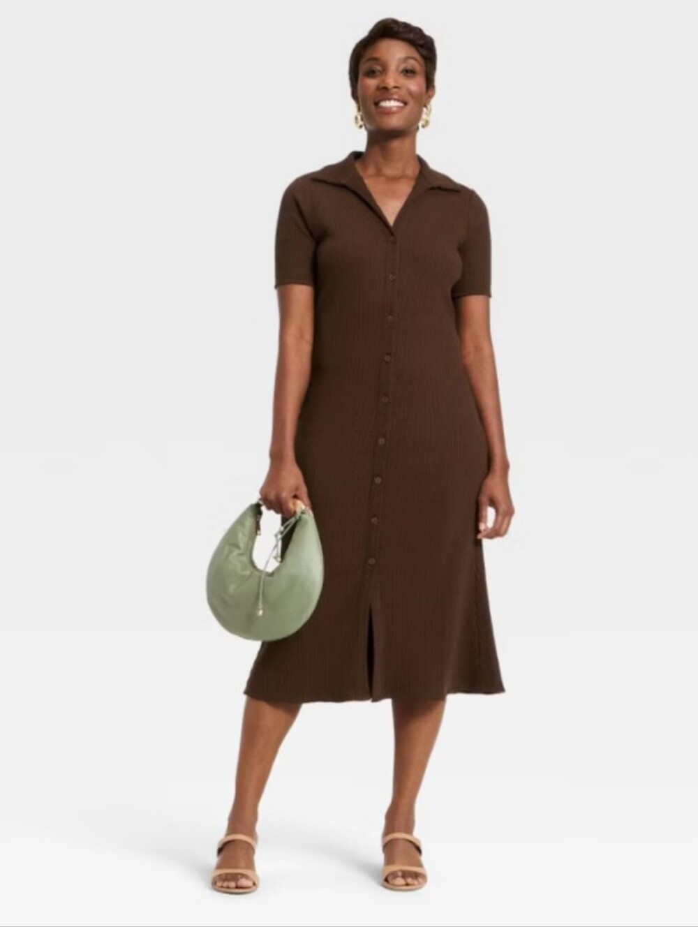 NWT A New Day Button-Front Ribbed Midi Dress in Brown Size XXL